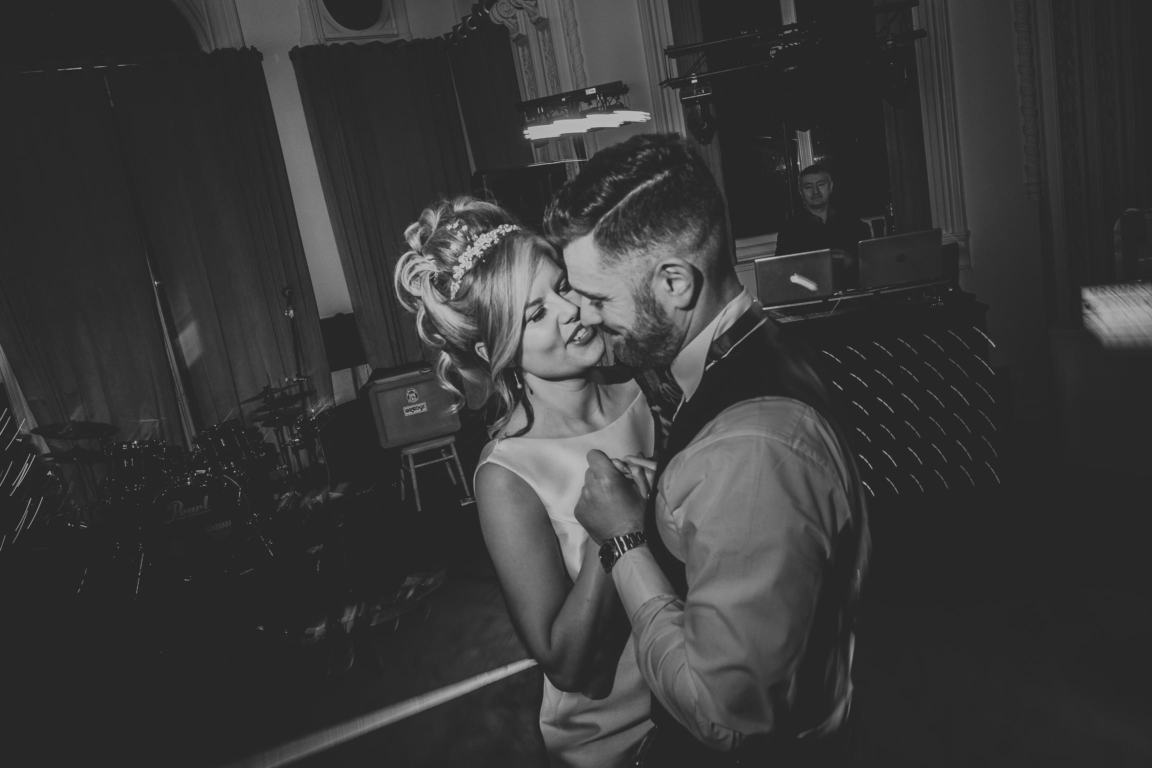 black and white image of bride and groom during their first dance at the double tree by Hilton in Liverpool city centre