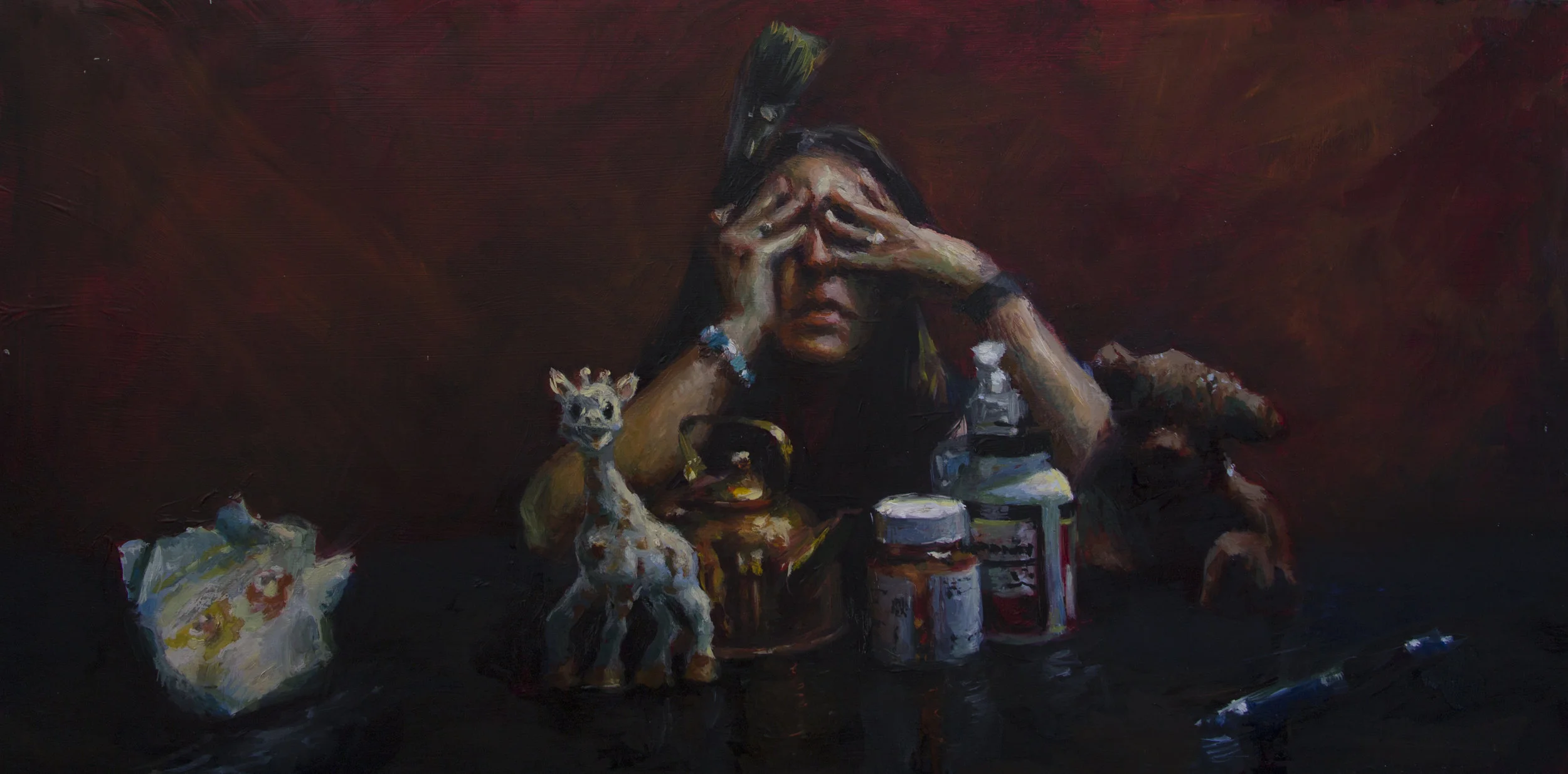 Mother’s day, oil on aluminum, 12x24, New Haven Paint and Clay Club Permanent collection