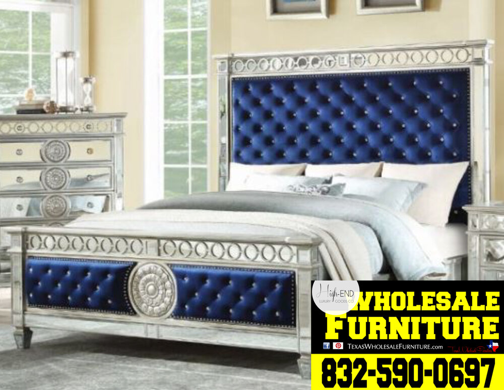 Varian Eastern King Bed Blue Velvet, Eastern King Bedroom Set