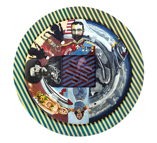 • c. 1965 • oil & enamel on board, mixed media • 36" diameter • Artist collection •