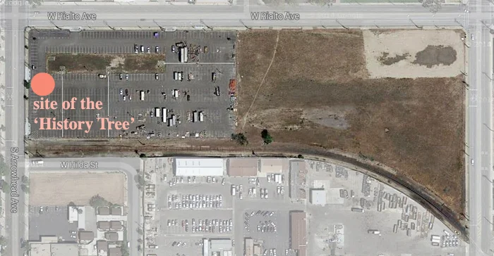c. 2014 ^  Aerial view of 10-acre Hanford Foundry site, which was bare from 1989 until around 2013, when a parking lot was added.  The 'History Tree' died two years after it was moved to Seccombe Lake Park.