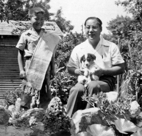 c.1947 ^ Benji & George with pup, by backyard koi pond