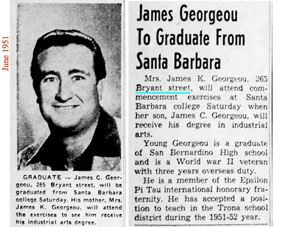 James Gerogeou would eventually become Principal of Citrus High School in Azusa California. When his innovative program for teen-age mothers at Citrus (featured in an April 2, 1971 Life Magazine article) met with resistance from members of the school board, Georgeou argued, "We should treat the problem not as a social disease, but as a fact of life."