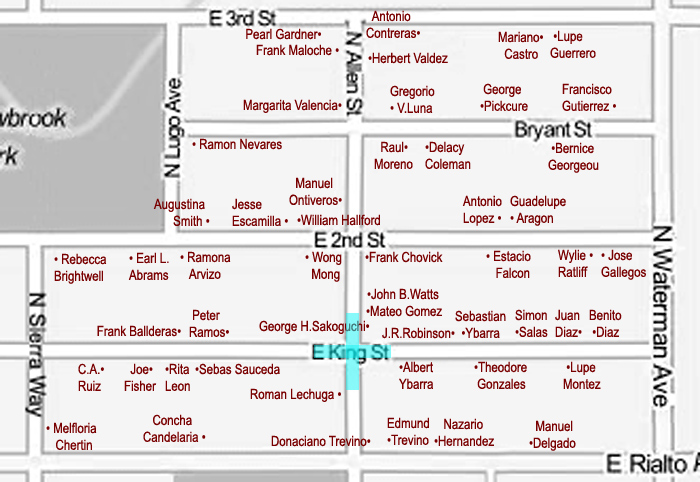 ^ A selection of neighbors who were listed as "Head of Household" on the Sixteenth Census of the United States in 1940 (map detail shows the northeastern part of Meadowbrook neighborhood, near the Sakoguchi grocery, located at Allen & King str