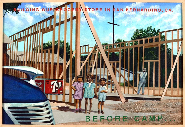 Ben Sakoguchi "Postcards from Camp" acrylic on canvas 1999 - 2001 (Teruko, neighbor girl, Robert...carpenter)