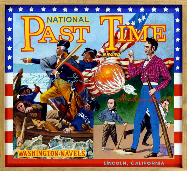 National Past Time Brand (private collection) Contemporary research claims that baseball, or some form of stick-and-ball game, was played by soldiers under George Washington’s command during the Revolutionary War. It’s a tantalizing thought, that these Yankees (see the figure in the boat) played ur-baseball during the 1770s. Long, tall Abraham Lincoln was also said to have once played the game, although it’s uncertain how well the ol’ rail-splitter wielded the ash. To the left of Honest Abe is his successor, Andrew Johnson, pictured here as a midget on-deck batter, a fitting interpretation of this man of small gifts.