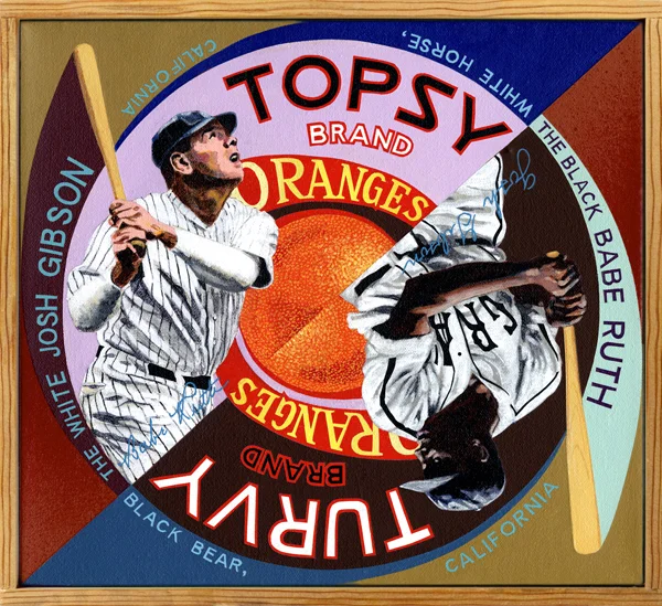 Topsy Turvy Brand (private collection) Josh Gibson and Satchel Paige , two of baseball’s all-time greats, are featured in this series. Catcher Gibson (1911‒1947) is the subject of the portrait “Josh Gibson Brand.” His slugging prowess was legendary—those fortunate enough to see him play in the Negro Leagues during the 1930s and ’40s called him the greatest hitter who ever lived. He was frequently called the “Black Babe Ruth” by white audiences, while black fans called Ruth the “White Josh Gibson.” The yin-yang nature of their relationship is depicted in “Topsy-Turvy Brand.” Gibson, also the subject of “Homestead Brand,” played primarily for the Homestead Grays, perennial Negro League powerhouse, and Pittsburgh Crawfords. Josh suffered a brain tumor and died at age 36 while still an active player. ..