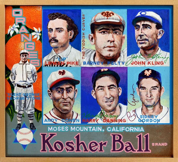 Kosher Ball Brand The Star of David’s six points are represented by a cast of Jewish stars who point to the history of Jews in baseball. Standing on the left is the Moses of this piece, “Silent” George Stone, who left a career in banking at age 26 so he could play baseball. In 1906 he reached the Promised Land, winning the AL batting title as a player for the St. Louis Browns. Clockwise from top left: Lip Pike (1845‒1893), the first Jewish athlete to play professional baseball, known as “The Iron Batter,” played for numerous teams during the game’s nascence (1871 to 1887). Next is curveball artist Barney Pelty (see “The Yiddish Curver”) followed by Johnny Kling. Kling’s ethnic origin has been the subject of dispute—was he or wasn’t he Jewish?—but not his athletic talent. Catcher on the last Cubs team to win a World Series in 1908, Kling (1875‒1947) was also a champion pool player who exchanged a bat for a cue in mid-career. Brooklyn native Sid Gordon (1917‒1975) provided power for the Giants and Braves in the 1940s and ’50s. Babe Ruth called New York Giants durable receiver Harry “The Horse” Danning (1911‒2004) “the best catcher in baseball.” Harry picked up his nickname from the equine nature of his face, although it may also have referred to another physical quality. Infielder Andy Cohen (1904‒1988), “The Tuscaloosa Terror,” was signed by the NY Giants to attract more Jewish fans to games during the 1920s. Andy turned in two good seasons in 1928 and 1929, becoming so popular with fans that frozen concessions were renamed “ice cream Cohens” in his honor.