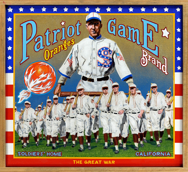 Patriot Game Brand One can’t attend a major league baseball game today without being bombarded by displays of naked patriotism, usually in the form of American military might. This is not a recent development. During the hoopla surrounding America’s entry into The Great War, baseball players conducted mock drills on the field, with baseball bats subbing for rifles. That practice is reflected here as members of the Chicago White Sox, 1917 World Series victors, resplendent in sparkling new uniforms, parade in Comiskey Park. Close order bat drills were repeated in every ballpark during World War I.
