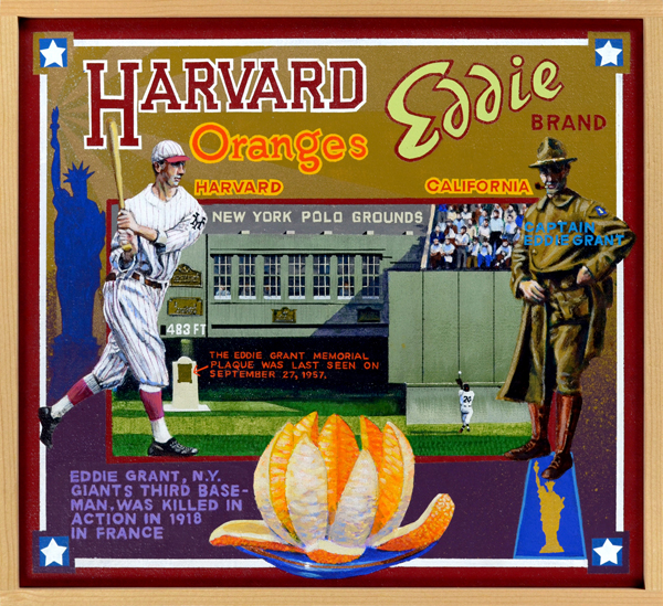 Harvard Eddie Brand Eddie Grant—Harvard graduate, attorney and major league third baseman—was the only big league player killed in action during WWI. Harvard Eddie is seen here against the background of the Polo Grounds, which for years had a plaque in deep centerfield commemorating Eddie’s sacrifice. The plaque mysteriously disappeared after the Giants’ last home game in New York, and was just as mysteriously discovered by The Baseball Reliquary’s Albert Kilchesty in 1999. A major thoroughfare in New York City now bears his name.