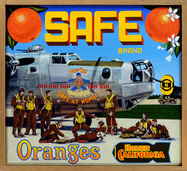 Safe Brand As the late comedian George Carlin observed, “The object of baseball is to reach home. Home, I’m safe at home!” Many enlisted men during World War II wanted nothing more than the same, to be safe at home. Unfortunately, many never made it back, but their yearnings for a safe return were expressed everywhere, as the nose painting on this plane illustrates. The nine members of a bomber crew pose before their home in the air, expressing triumph and ease after completing twenty-five successful bombing runs. The Army Air Force had originally set the maximum number of missions a bomber crew could emotionally endure at twenty, later pushing that number back as the war continued. That this crew successfully carried out twenty-five missions is a bit of a miracle.
