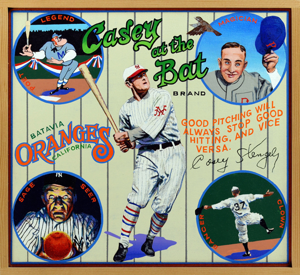  Casey at the Bat Brand (Baseball Reliquary collection)   Two legendary Caseys meet head-on in this painting: the mighty Mudville whiffer of poetry, and the brilliantly unorthodox tactician and noted creator of a private language, Casey Stengel. The