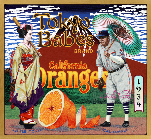 Tokyo Babes Brand (private collection) The Japanese began playing baseball (bēsubōru) in the late-nineteenth century, so by the time American touring teams visited the country in the 1930s the game was already established as a fixture. The 1934 tour is best remembered, largely due to the presence of such stars as Lou Gehrig, Jimmie Foxx, catcher/spy Moe Berg and, of course, Babe Ruth. When the Americans arrived in Tokyo, they were met by a throng of enthusiastic Japanese. The biggest cheers were for Ruth, who rode through the crowd waving Japanese and American flags to cries of “Bēbu Rūsu!” The Babe traveled with his wife and daughter during the trip, so his appetites were kept largely in check, but it’s curious to speculate how deeply he may have explored local customs.