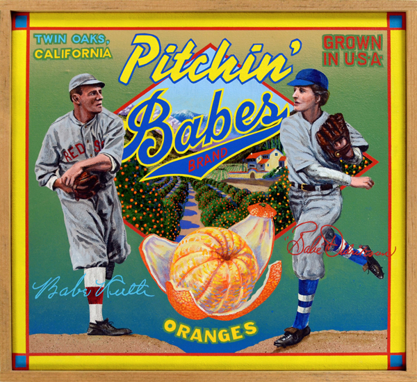 Pitchin' Babes Brand While everyone is aware of Babe Ruth’s slugging prowess, less-well known is his skill as a pitcher. Early in his career, Ruth was the left-handed ace of the Boston Red Sox, posting more than 20 wins in the 1916 and 1917 seasons. In the 1918 World Series, the Babe pitched 29 and 1/3 innings of shutout ball, a record that stood until broken by Whitey Ford in 1961. He won the most games of any southpaw in the majors between 1915 and 1917, and his career winning percentage of .671 is twelfth on the all-time list. His mound opponent in this painting is Mildred “Babe” Didrikson Zaharias (1911‒1956), the most famous female athlete in America during the 1930s and ’40s, best-known for her achievements in golf, basketball and track-and-field. She claimed that she acquired her nickname in childhood after bashing five home runs in a game. Didrikson skyrocketed to fame after winning two gold medals and a silver at the 1932 Olympic, held in Los Angeles. She would also become the country’s first female golf celebrity in the 1940s, even competing in a men’s PGA tournament. Her baseball exploits include participation in traveling exhibitions with the barnstorming House of David team. Babe is consistently listed among the top ten Greatest North American Athletes of the twentieth century.