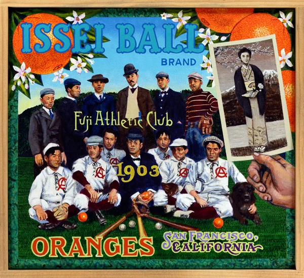 Issei Ball Brand The first wave of Japanese immigrants—Issei—organized baseball teams in the early twentieth century as a way of building cultural connections to European Americans. Many had already developed a love for the game in Japan and used baseball as a means for rapid assimilation into American culture, just as other immigrants groups would do. However, discrimination and continued exclusion from the mainstream forced Japanese Americans to develop their own baseball institutions. This painting celebrates the first Issei nine in California, the Fuji club, organized in 1903. The team was founded by an artist (fitting in this case), Chiura Obata. In short order, Issei teams would flourish across the west, in Washington, Colorado, Wyoming and, of course, California.
