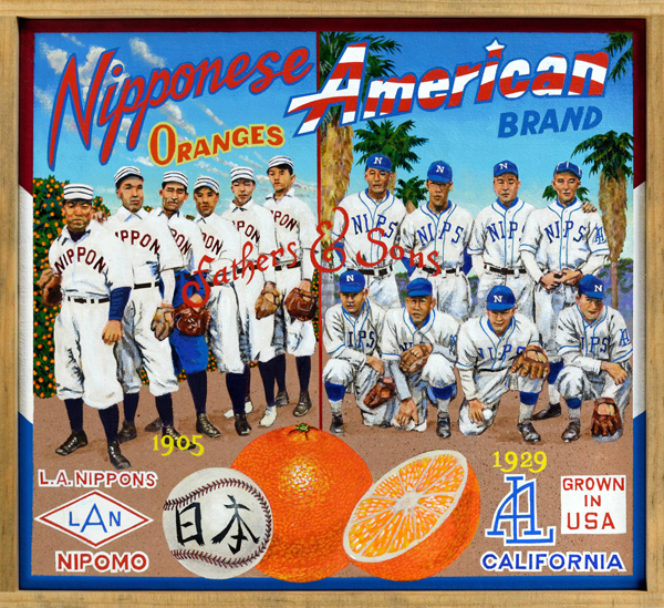   Nipponese American Brand   Fathers and sons, Issei and Nisei, meet in this fanciful portrait of the Los Angeles Nippons. From the team’s humble roots in 1905 through the 1930s, the Nippons were the top Japanese-American amateur team in the Southlan