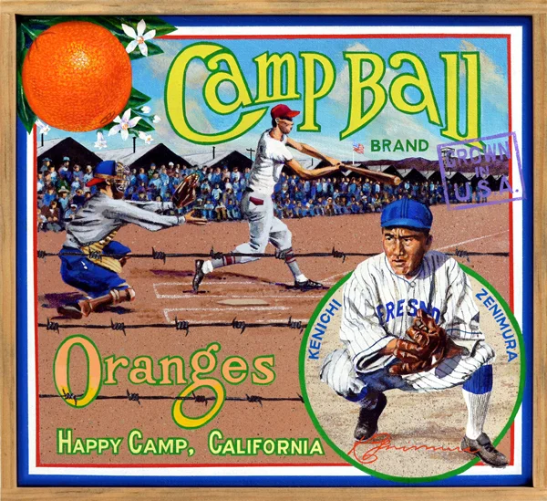 Camp Ball Brand Japanese men interred as “enemy aliens” during World War II passed the days playing baseball. For many, like the artist’s father, this would be the only time in their lives that they could play the game without worrying about work and duty to their families. The game played an important role in sustaining morale and building friendships, filling the empty hours of incarceration with exercise and camaraderie. The inset features the great Kenichi Zenimura (1900‒1968), “The Dean of the Diamond.” Born in Hiroshima, Zenimura moved with his family to Honolulu, where he began his long life in baseball. On the mainland, he became a fixture in the Fresno area, excelling for Japanese-American teams and previously all-white squads. He was interned at the Gila River War Relocation Center in Arizona, where he immediately built a baseball diamond and established a 32-team league. His role as a player, manager, ambassador and organizer earned for Zenimura the posthumous sobriquet, “Father of Japanese-American Baseball.”