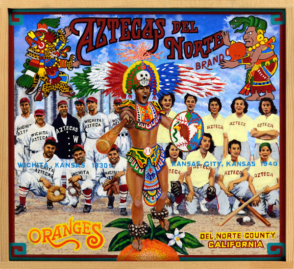Aztecas del Norte Brand Mexican American baseball wasn’t confined to East Los Angeles and other communities in the Southland. Baseball was played throughout the country wherever a sizable community of Chicanos and Chicanas existed. This vibrant painting features members of the Aztecas del Norte men and women championship clubs from Kansas. The Aztec figure in the center brandishes a baseball bat in his right hand while his left holds a ball emblazoned with the American eagle at war and peace. His headpiece features the national colors of Mexico and the United States, a reference to the teams’ Mexican American background.