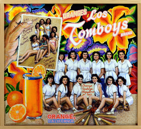Los Tomboys Brand Mexican-American women were very active in both baseball and softball as fans as well as players. Throughout the greater Los Angeles metropolitan areas, girls formed very competitive teams and participated in numerous leagues. This painting depicts members of Los Tomboys, an all-girl nine, after winning the championship of Orange, CA in 1947. Whether they played on the diamond or at the beach (inset), these ladies wowed spectators. Their uniforms, showing plenty of leg, are similar to those worn by members of the All American Girls Professional Baseball League during the 1940s and ’50s.