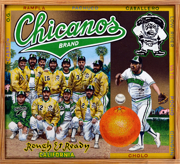 Chicanos Brand Men’s fast pitch softball leagues abound in every part of the country. The level of competition among top-flight softball teams is fierce, often more intense than in the major leagues. Mexican American softball is no different. Annual tournaments bring together many of the best teams in the country. One of those teams, the Corona Chicanos, is the subject of this painting. At the height of the Chicano movement in the 1960s, Jim “Chayo” Rodriguez formed the team as a way to lead youths away from gang involvement. The players selected the Mexican Revolutionary hero Pancho Villa (top right) as their mascot. The team won numerous championships in Southern California and hosted the Chicano Fast Pitch Softball Tournament in Corona, which attracted more than fifty teams from places as far away as Mexico. The team disbanded in the 1980s, but a new squad of Chicanos now compete in their stead.