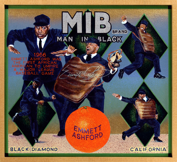 MIB Brand Emmet Ashford was, as the painting indicates, the first African-American man in black to umpire in Major League Baseball. Ashford (1914‒1980), a seasoned minor league umpire, didn’t reach the majors until his early fifties, but when he debuted in the American League in 1966 he became an overnight sensation. “Ash” brought energy and style—two traits not normally associated with arbiters—to the game. The nattily dressed umpire delighted fans with an assortment of theatrical gestures and movements. Even The Sporting News , a bastion of conservatism, was moved to write, “For the first time in the history of the grand old American game, baseball fans may buy a ticket to watch an umpire perform.” His umpiring career was too brief, alas. He reached the mandatory retirement age of 55 in late 1969, and finished his career at the end of the following season. In 1971, the magnanimous Ashford was hired as public relations adviser by commissioner Bowie Kuhn. The umpire also appeared frequently on television and in films until his death from a heart attack at age 65. After cremation his ashes were interred in Cooperstown, home to the Hall of Fame.