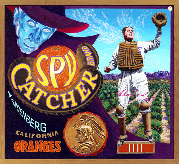 Spy Catcher Brand (private collection) It was said of the erudite Moe Berg that “he can speak twelve languages, but he can’t hit in any of them.” A Princeton graduate with a genius for languages, Berg (1902‒1972), who would later pass the New York bar exam, began his career as a shortstop with the Brooklyn Dodgers in 1923. After failing as an infielder because of his inability to hit, Berg moved to catcher, a position that appealed to his natural intelligence, and served as a second-string receiver for a handful of generally dreadful teams. So when he was selected to an All-Star team of American players about to tour Japan in 1934, many scratched their heads in puzzlement. This man clearly had no place in the same locker room, let alone on the same field, with the likes of Lou Gehrig, Babe Ruth, Al Simmons and other greats of the day. What no one knew, however, was that Berg had been approached by the U.S. government to spy on Japan. Equipped with a motion picture camera Berg surreptitiously filmed military and industrial sites in Tokyo and other cities that were later used to identify bombing targets during WWII. Moe became a member of the OSS, the CIA’s predecessor, and was assigned to covert operations. During the war, he was instructed to assassinate Nazi nuclear physicist Werner Heisenberg, who was leading Germany’s research into atomic weapons. When Berg realized that the Germans weren’t remotely close to manufacturing the bomb, he let Heisenberg live. Later in life, Berg was named to receive the Presidential Medal of Freedom, but when he learned that his espionage exploits abroad were still classified, he passed on the honor. That medal is now on display at the Hall of Fame. Berg remained a cipher to the last, frequently dismissing former acquaintances with a finger to his lips indicating “Shhhh, I can’t talk about what I’m doing.” Casey Stengel, who met plenty of odd birds during his life, called Berg “the strangest fella I ever met.” Strange but true. Maybe.