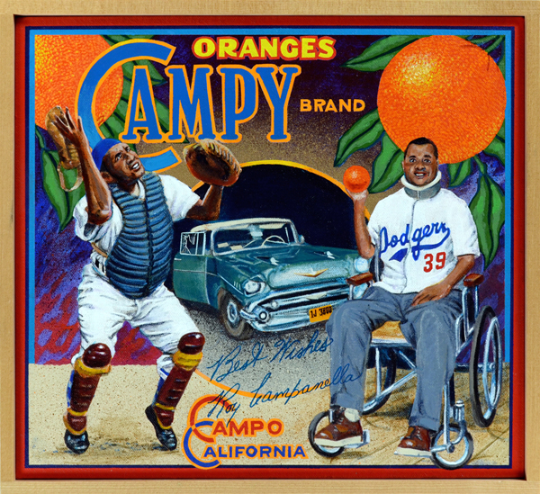 Campy Brand Roy Campanella (1921‒1993) was one of the finest catchers in National League history. The son of an Italian father and a black mother, Campanella spent his teenage years with the Baltimore Elite Giants of the Negro Leagues. The catching prodigy inked a minor league deal with the Brooklyn Dodgers in 1946 and made his debut with the big club in 1948, the year after his teammate Jackie Robinson broke the so-called color line. The team he joined was about to enjoy an unprecedented streak of success. From 1949 through 1956, the Dodgers were five-time NL champs spearheaded by Campanella’s three MVP campaigns in 1951, 1953 and 1955. An exact contemporary of the hated Yankees’ Yogi Berra, Campy’s Dodgers won their only World Championship in 1955 after failing in their other World Series appearances. He was preparing to move with the Dodgers to Los Angeles during the 1957 off-season when his career was tragically ended by a car accident, which left him paralyzed and wheelchair-bound. Nonetheless, he remained a source of inspiration to the club until his death.