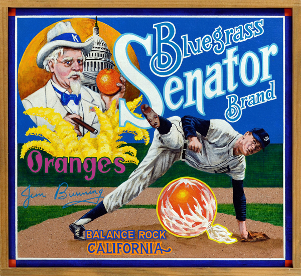 Bluegrass Senator Brand One may be forgiven if this image creates a yen for fried chicken. That’s not the pitchman of KFC fame at top left but his prototype, the Kentucky Colonel, an honorifically bestowed title formerly given to any white man of means in the Bluegrass State. The pitch man falling off the mound during his follow-through is Hall of Famer Jim Bunning, author of no-hitters with the Detroit Tigers (1958) and Philadelphia Phillies (1964), the latter a perfect game. He is the first of five men to throw no-hitters in each league. Bunning entered politics after his baseball career ended, ultimately gaining office as the junior US Senator (R) from his home state of Kentucky (1998‒2010). A staunch conservative, his time in government was marred by odd behavior and a skein of offensive remarks. In 2006, Time magazine called him “The Underperformer” and named him one of America’s Five Worst Senators, saying he “shows little interest in policy unless it involves baseball.”
