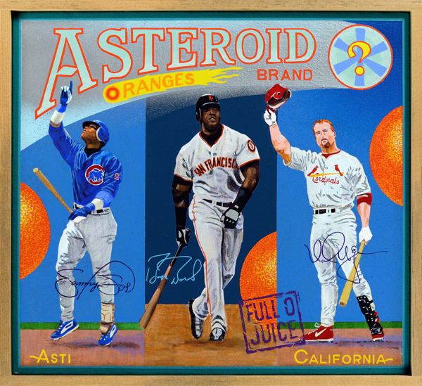 Asteroid Brand (Baseball Reliquary collection) The Great Home Run Race of 1998 between Mark McGwire and Sammy Sosa was, depending on one’s point of view, either the most marvelous or most grotesque display of slugging in history. Day by day fans watched as these two good-naturedly battled to pass the single-season record of 61 home runs set by Roger Maris. At season’s end, both would leave the previous record in tatters—Sosa finished with 66 circuit clouts, McGwire with an unimaginable 70 long balls. During the season, a sharp-eyed reporter noticed a bottle of androstenedione, a supplement used to build muscle mass, in McGwire’s locker. Although legal at the time, the revelation caused some to question whether something more powerful, like steroids, was also being used. By the time Barry Bonds (center) used his Michelin Man physique to powder 73 long balls in 2001, there remained few who didn’t doubt that players were bulking up through illegal means. Ensuing revelations of steroid abuse rocked the baseball world, forcing many to question the validity of these records.