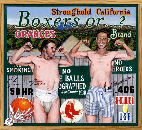   Boxers or...? Brand (private collection)   Ding, ding, ding! Ladies and gentlemen, please direct your attention to this painting. On the left, wearing the athletic supporter, weighing in at 195 lbs., the pride of Sudlersville, MD, give it up for Ji