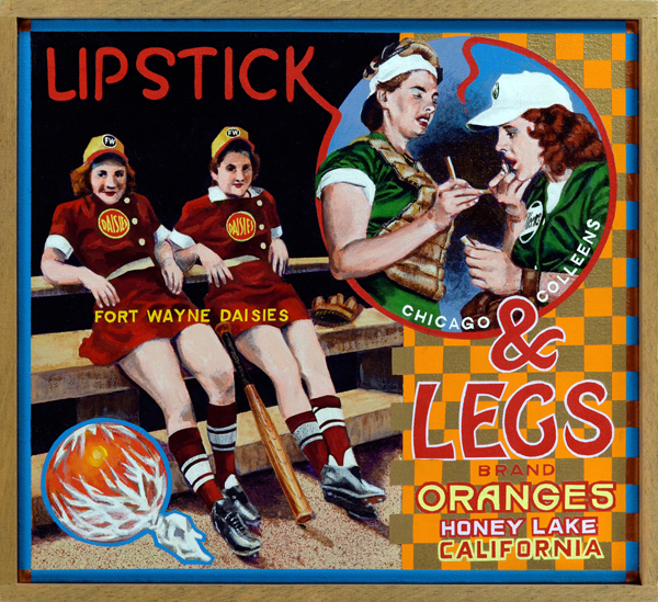Lipstick & Legs Brand At the onset of World War II, major league baseball magnates feared that their business would be deemed non-essential by the federal government. Their concerns were allayed when President Roosevelt issued the so-called Green Light Letter in January 1942. However, chewing gum king Phillip K. Wrigley, who owned the Chicago Cubs, decided to take no chances and created the All-American Girls Professional Baseball League (AAGPBL) as an alternative revenue stream. The young ladies who played in the AAGBPL were chosen as much for their baseball skill as their sex appeal. Garbed in belted, short-sleeve tunics, the players showed plenty of bare leg and arm to mostly male customers, who responded to this titillation in growing numbers. Additionally, the young ladies were schooled in the fine arts of makeup, ladylike comportment and charm. Cigarette smoking was frowned upon, of course, but during a time when everyone smoked no one really thought it unseemly. Although most of the teams were place in second-tier Midwestern cities, such as Ft. Wayne, Indiana, their exploits were known around the country thanks to newsreels and newspaper coverage. Here we see players from the Ft. Wayne Daisies and the Chicago Colleens displaying their “assets.”