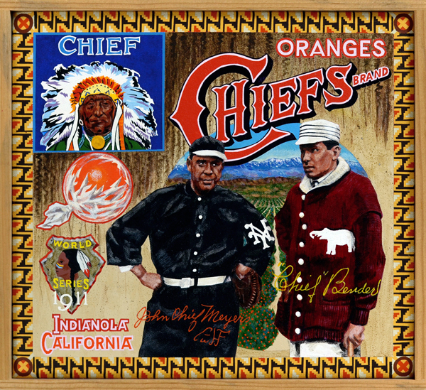   Chiefs Brand (private collection)   With the exception of Jim Thorpe all Native American players at the turn of the 20th century were called “Chief.” Two of these men are pictured here: John “Chief” Meyers (L), outstanding catcher for the New York 