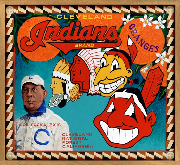 Cleveland Indians Brand Louis Sockalexis (1871‒1913) is considered to be the first person of Native American ancestry to play major league baseball. A member of the Penobscot Nation, he debuted with the Cleveland Spiders of the old National League in 1897 and remained with the team until early 1899. (The Spiders of ’99 compiled the worst record in history, notching a mere 20 wins against an appalling 134 losses.) Fanning out from the face of Sockalexis are several logos used by the Cleveland franchise, re-christened the Indians in 1915 and now in the American League, from 1928 through 2014. The team dispensed with the cartoonish “Chief Wahoo” character (foreground) last season, and now uses a simple block capital “C” as its logo.