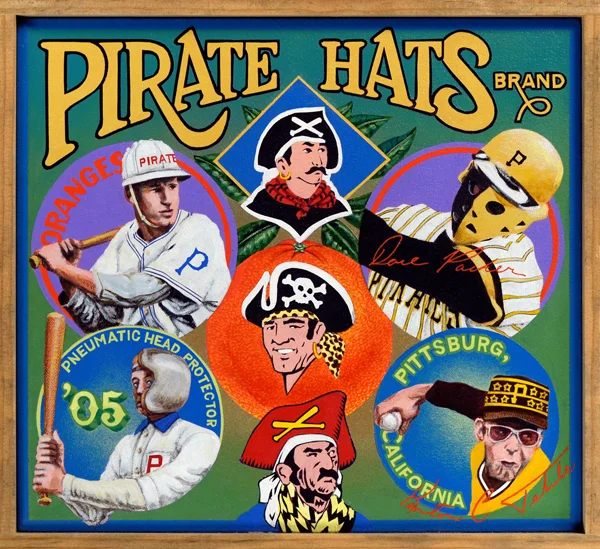 Pirate Hats Brand No pirate worth his swashbuckling salt would be caught dead without a hat like those seen in the various logos of the Pittsburgh Pirates. The Bucs have never been shy about donning creative headwear. During the 1970s, the Pirates wore a throwback pillbox cap stitched with stars that represented stellar on-field feats. Submarining relief ace Kent Tekulve models one at lower right. The other styles on display were introduced to prevent beanballs or errant pitches from smashing into a player’s head. The earliest example here is the pneumatic head protector (lower left), an item marketed by the A.J. Reach Company in 1905. Above that a Pittsburgh player shows off an early helmet design, derisively called “miner’s caps” by players. At top right Dave Parker, not a deranged killer from a slasher film, wears a contemporary ear-flap design with a special face guard to protect the slugger’s tender cheekbones from re-injury. During Branch Rickey’s tenure with the Pirates in the 1950s, the team became the first to make batting helmets mandatory for all players. Major League Baseball would shortly follow suit.