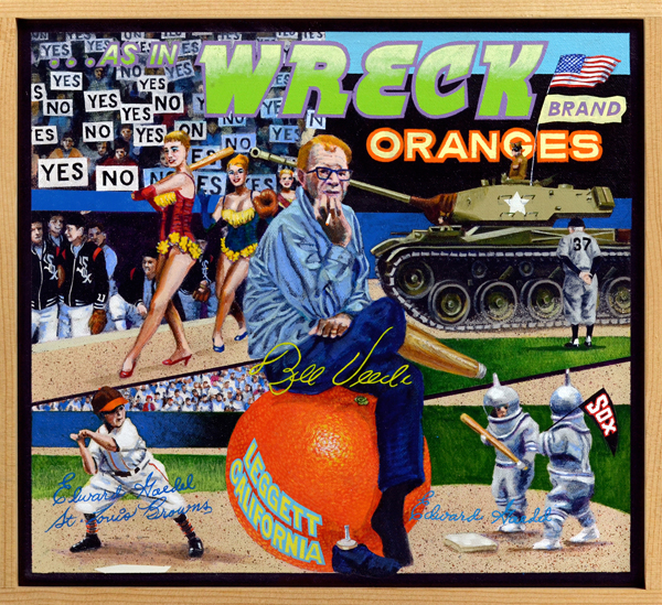   ...as in Wreck Brand   Bill Veeck (1914‒1986), maverick owner of the Milwaukee Brewers (minor leagues), Cleveland Indians, St, Louis Browns and Chicago White Sox, is seen here surrounded by images from his most (in)famous promotions. Veeck, who wor