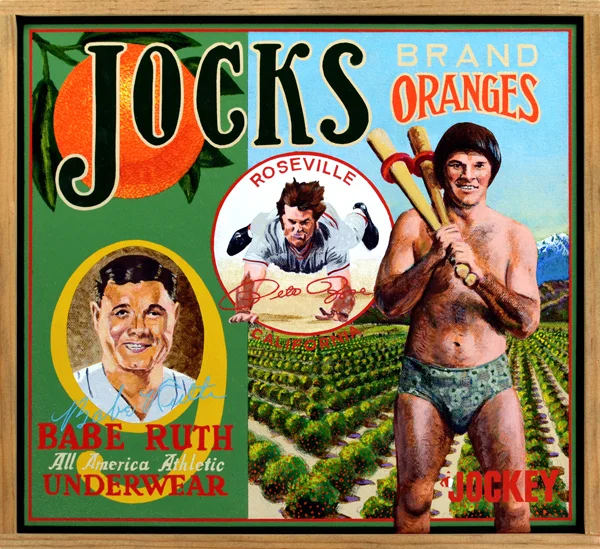 Jocks Brand Underwear - As restrictions on content in print and television advertisements relaxed during the 1970s, it became common to see baseball players supplementing their income by modeling men’s underwear. The most famous pitchman of tighty-whities was handsome Jim Palmer, high-strung ace of the Baltimore Orioles, who appeared in a series of popular ads for Jockey. Thanks to his long, lean physique Palmer quickly became the darling of female and gay male fans, not quite the baseball equivalent of ubiquitous pin-up lovely Farah Fawcett but pretty darn close. Shown modeling the matching print underwear set is Philadelphia Phillies southpaw Steve Carlton, who looks rather more like an off-set porn star than an athlete. The cheesesteak beefcake was among the most physically fit players of his era, having designed a grueling workout regimen as eccentric as he. The sight of Babe Ruth in underwear would have unsettled many; thankfully he played in a more modest era, so we’ve been spared that image. Not so for Pete Rose, whose Prince Valiant haircut couldn’t hide his Everyman squatness and hairy forearms. All the models here are enshrined in the Hall of Fame except Rose. This begs the question: Was he banned for life from baseball for breaking the rules against gambling or because he broke the rules of good taste?
