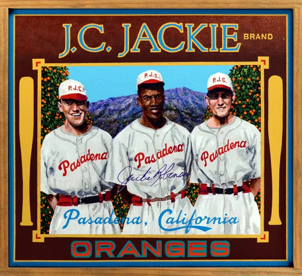 J.C. Jackie Brand Home Grown - Each generation produces a multi-sports star whose deeds force us to re-examine our definition of greatness. Jim Thorpe was one such athlete, as was Bo Jackson. At mid-century, Jackie Robinson was widely considered the most gifted athlete in America; many contend that he was not only the best, but also the most important athlete of the twentieth century. The two paintings in this series celebrate Robinson’s achievements as a college sports star at Pasadena Junior College (PJC) and UCLA. Robinson (1919‒1972) was born in Georgia but moved with his family to Pasadena while still in diapers. Encouraged by his older brothers Frank and Mack (who won a silver medal at the 1936 Berlin Olympics, finishing second to Jesse Owens in the 200 meter event), Jackie immersed himself in sports. Having earned varsity letters in four sports—track, basketball, football and baseball—while attending John Muir High School, he enrolled at PJC (now PCC) where he excelled at the same four sports. In 1938, he was named MVP of the junior college baseball circuit in Southern California, a considerable feat for a black youth playing with and against predominantly white athletes. He enrolled at UCLA after the death of his beloved brother Frank, and once again demonstrated his athletic prowess, becoming the first athlete in school history to receive varsity letters in four sports. He was an outstanding running back for the Bruins football team, won the NCAA Track & Field Championship in the long jump, and was a dynamic member of the school’s basketball squad. Robinson would later claim that baseball was his “worst sport” at UCLA, a curious admission from one who would later re-write baseball history.