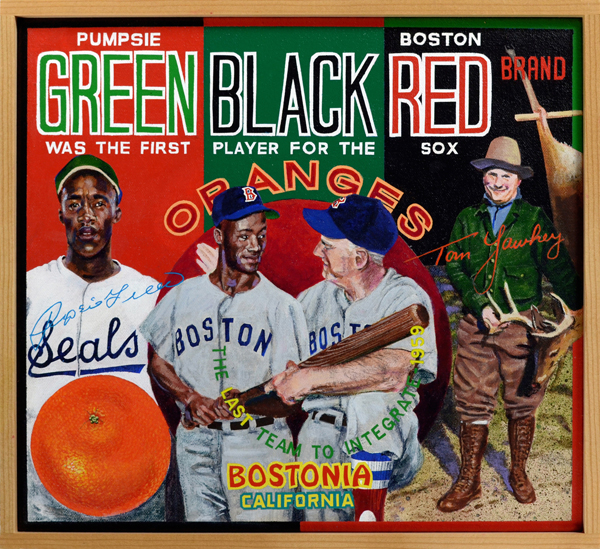 Green Black Red Brand The text tells the tale: Elijah “Pumpsie” Green (b. 1933) was the first black player to appear for the Boston Red Sox, the last team in Major League Baseball to integrate. The switch-hitting infielder grew up in the Bay Area where he was a fan of the Pacific Coast League’s Oakland Oaks. He would later play in the PCL as a member of the San Francisco Seals (left) before debuting with Boston in 1959. Fifteen years earlier, the Sox had given Jackie Robinson a tryout, but passed on the future Hall-of-Famer. Most believe Red Sox owner, millionaire sportsman Tom Yawkey (right), had no intention of desegregating the team, but had consented to the tryout only to quiet community leaders. When asked later if he had any animosity toward African-Americans, he replied no—he got along just fine with those he employed on his estate in South Carolina.