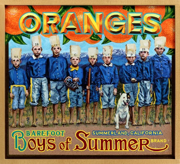 Boys of Summer Brand Boys...and Girls - This loose triptych of paintings explores gender b(l)ending in the late-nineteenth century. The central painting features two images of Maud Nelson (1881‒1944), ace pitcher for the Bloomer Girls, a generic name for any barnstorming club composed of female players. The Bloomer Girls were a popular draw on the traveling circuit from the 1890s through the 1920s. (It is believed that the name comes not from the baggy pants called bloomers, but from suffragist Adelaide Jenks Bloomer.) Flanking Maud are “Debutantes Ball” and “Boys of Summer,” the former depicting a team of young ladies clothed in what passed for women’s athletic wear in the 1890s, the latter a group of strangely stilted lads in dunce-like toppers. Much has been said and written about baseball as a metaphor for democracy, little about the game as a metaphor for sexism. We owe a huge debt, then, to the adventurous Victorian women who blazed a trail for inclusion in “the boys’ game.”