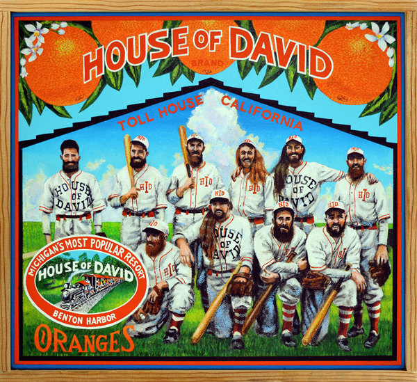   House of David Brand (Baseball Reliquary collection)   The Israelite House of David was a communal colony founded in 1903 at Benton Harbor, Michigan. In keeping with Semitic religious traditions, men were forbidden to shave or cut their hair. By th