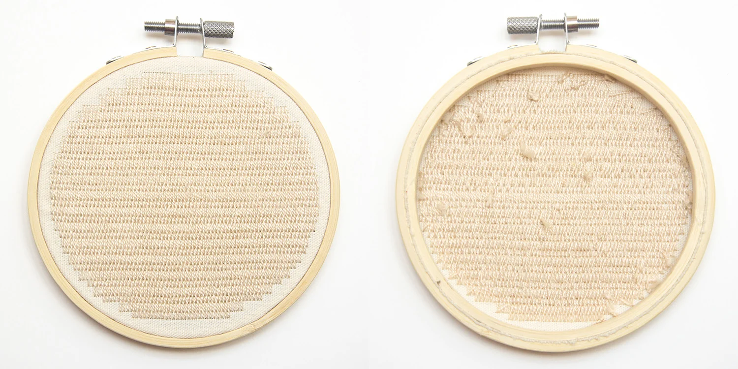 STUDY #9 Start date: 4 December 2017 End date: 5 December 2017 Time spent: 10 hours Rules: 1. Stitch an alternating series of long and short vertical stitches across the horizontal diameter of the stitchable area. The midpoint of each stitch must lie on this diameter. 2. Using the ends of this centre row of stitches as entry points for the subsequent rows, sew vertical stitches that ripple outward to cover the entire stitchable area. 3. The length of these subsequent stitches must be the median between the length of the original long stitch and the length of the original short stitch.