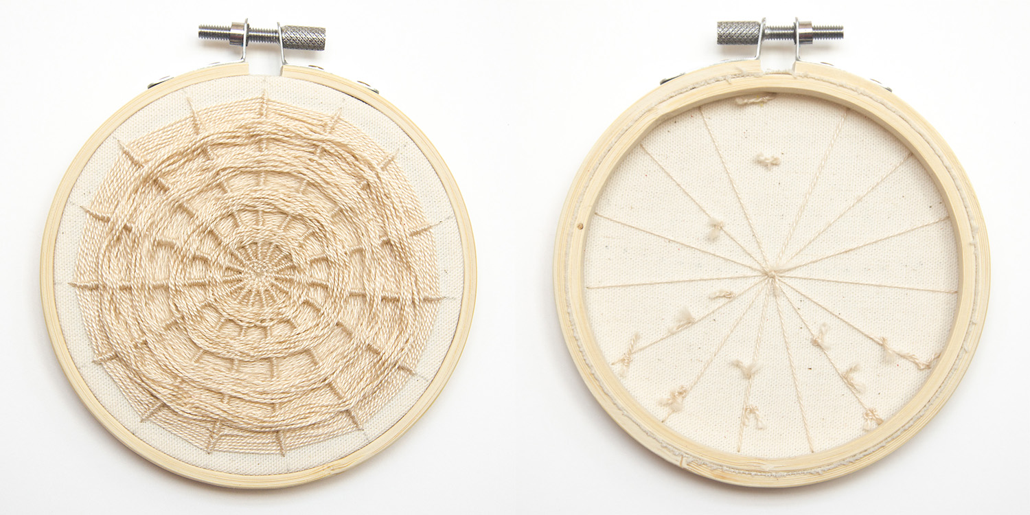 STUDY #10 Start date: 6 December 2017 End date: 6 December 2017 Time spent: 5 hours Rules: 1. Sew fifteen evenly spaced lines radiating out from the centre of the stitchable area to its edge. 2. Divide the stitchable area into ten concentric circles with spacings measuring 0.5 cm. 3. Using the fifteen lines as a scaffolding and spiralling from the centre point outwards, begin weaving the thread over and under the lines. 4. At the start of the next circle, continue spiralling, but wrap each line in thread instead. 5. Alternate between weaving and wrapping until all concentric circles have been filled.