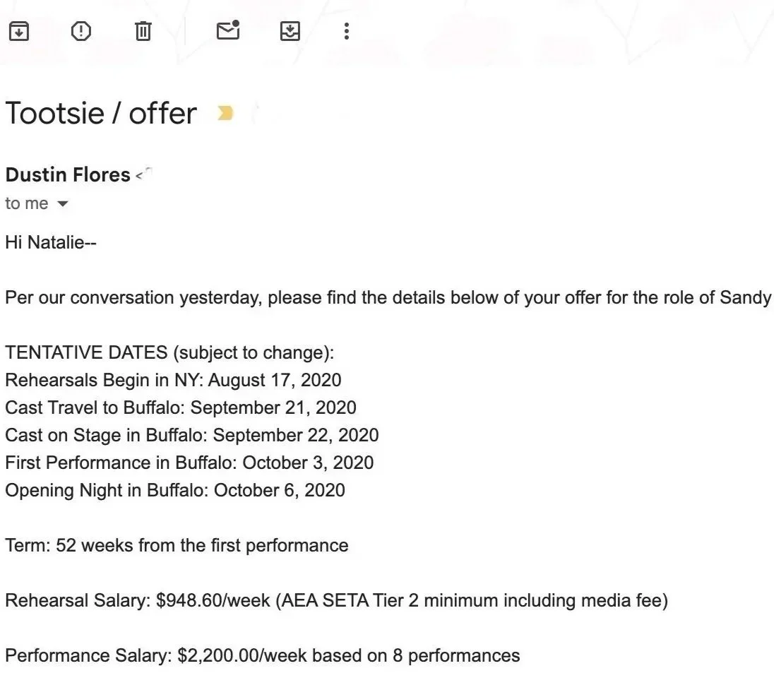 Natalie finally booked her first principal role! Sandy on the "Tootsie "tour! But then covid hit and took that dream away. Beetlejuice closed, Tootsie went out non union...such a hard time for everyone.