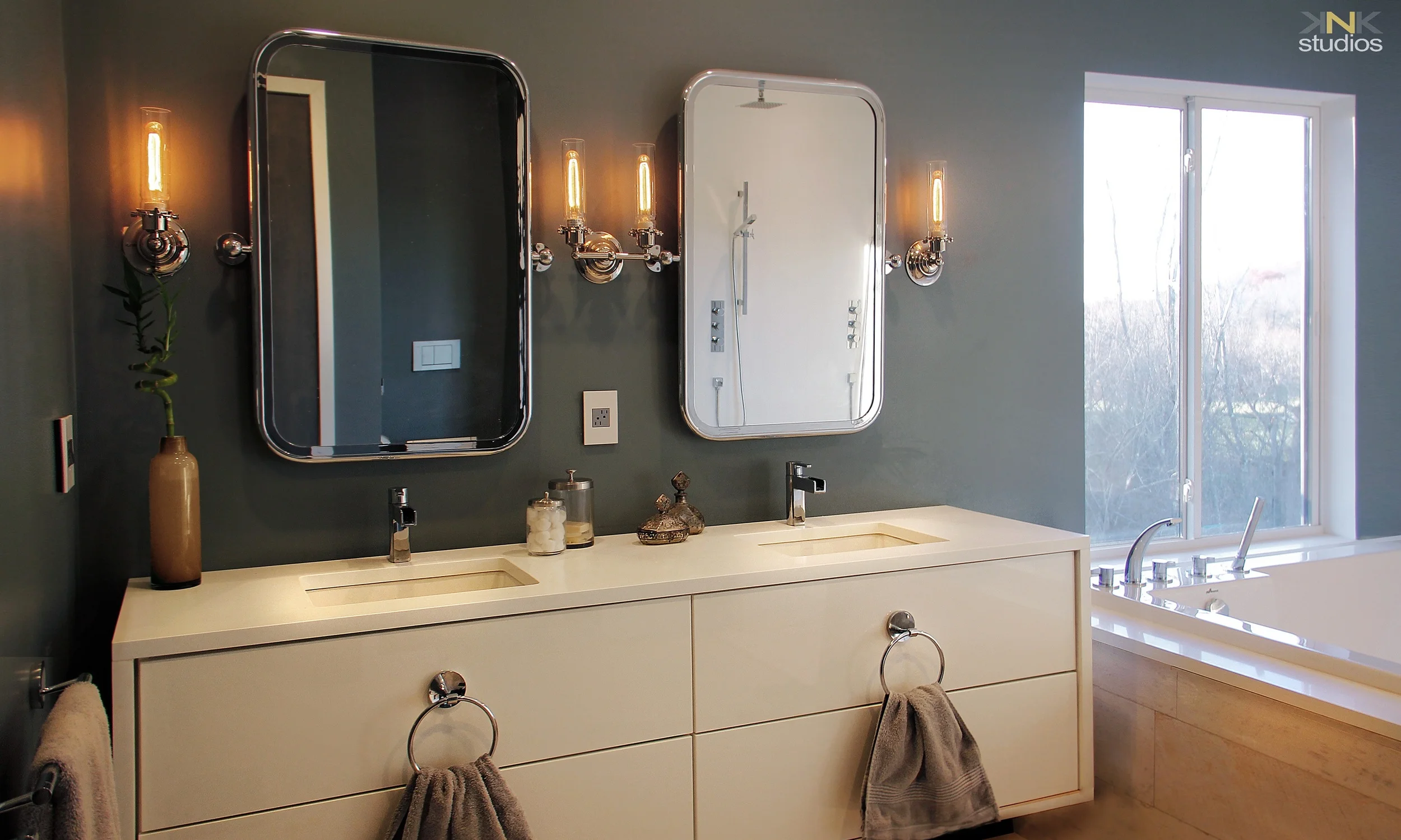 Double sink vanity. Custom built cabinets.