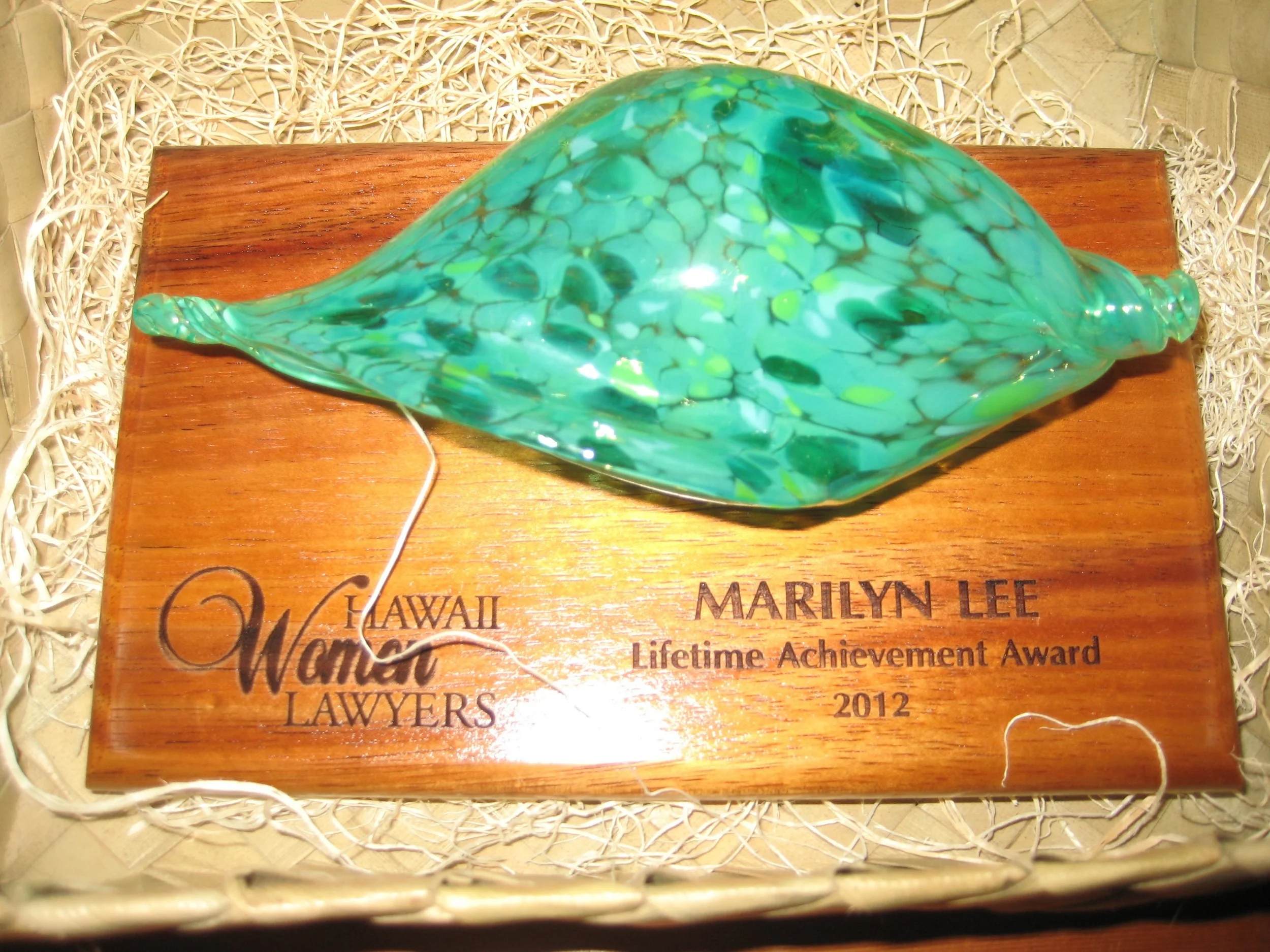 The Lifetime Achievement Award presented to me by the Hawaii Women Lawyers in April 2013.