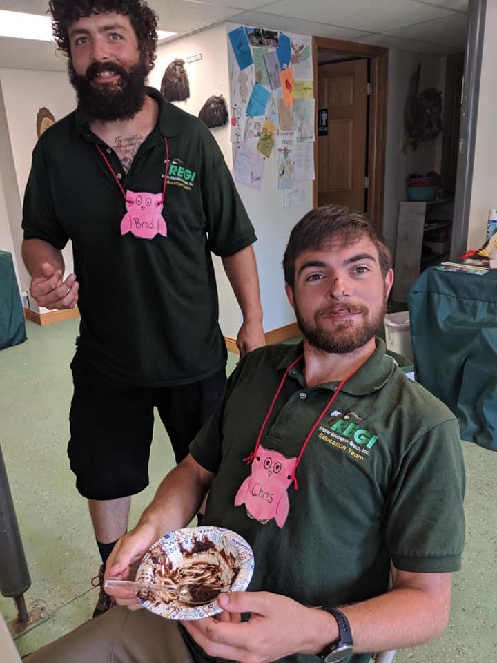 Interns Brad and Chris used their "beaks" to get the gummy worms