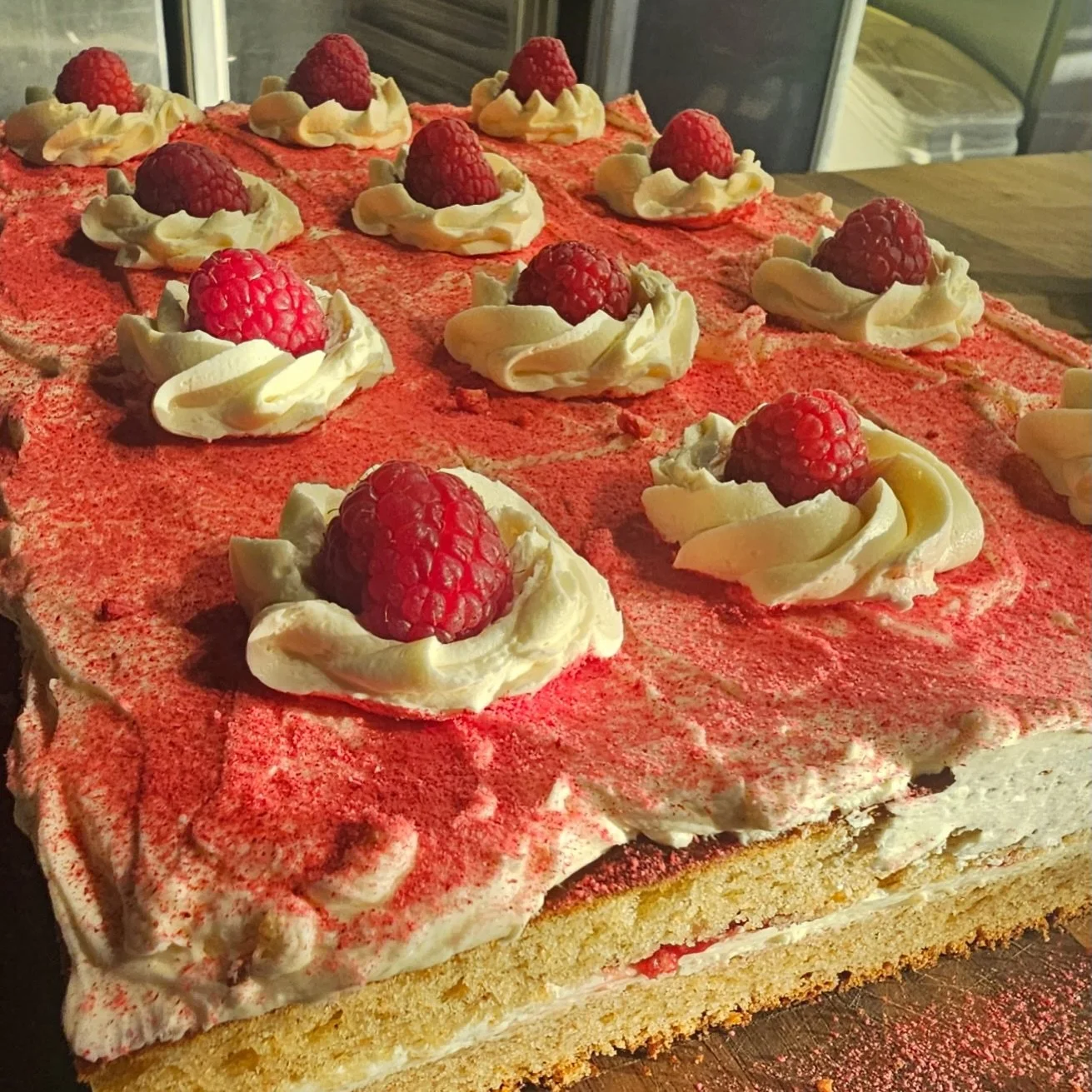 dont worry, we wont be doing anything special for Valentines Day this year. No Raspberry Vanilla Cake slices (pictured), made w a Spelt flour sponge soaked in vanilla syrup. We won't have Brioche Buns in sweet or savory, or Strawberry Portuguese Cust