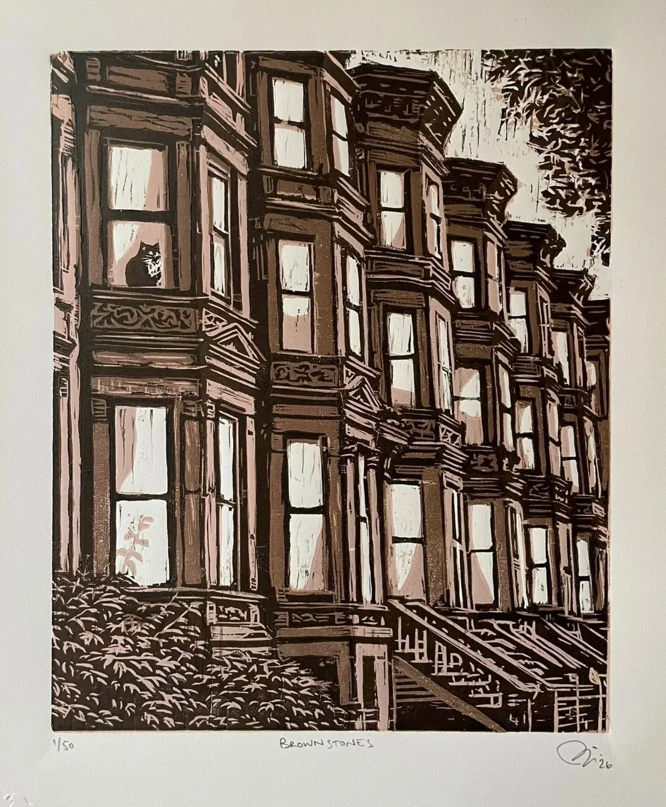 Iconic NYC Brownstones original woodblock print by Benjamin Lindsay of Brooklyn New York