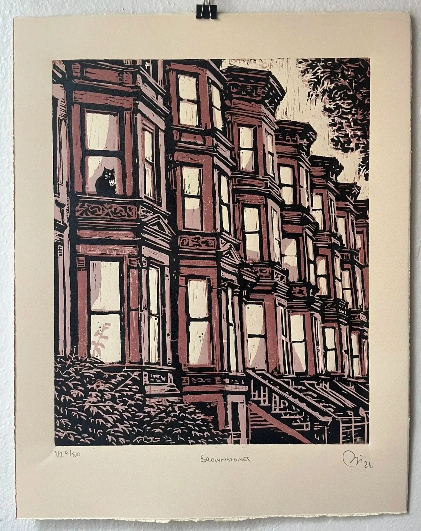Original woodblock print of NYC's iconic Brownstones