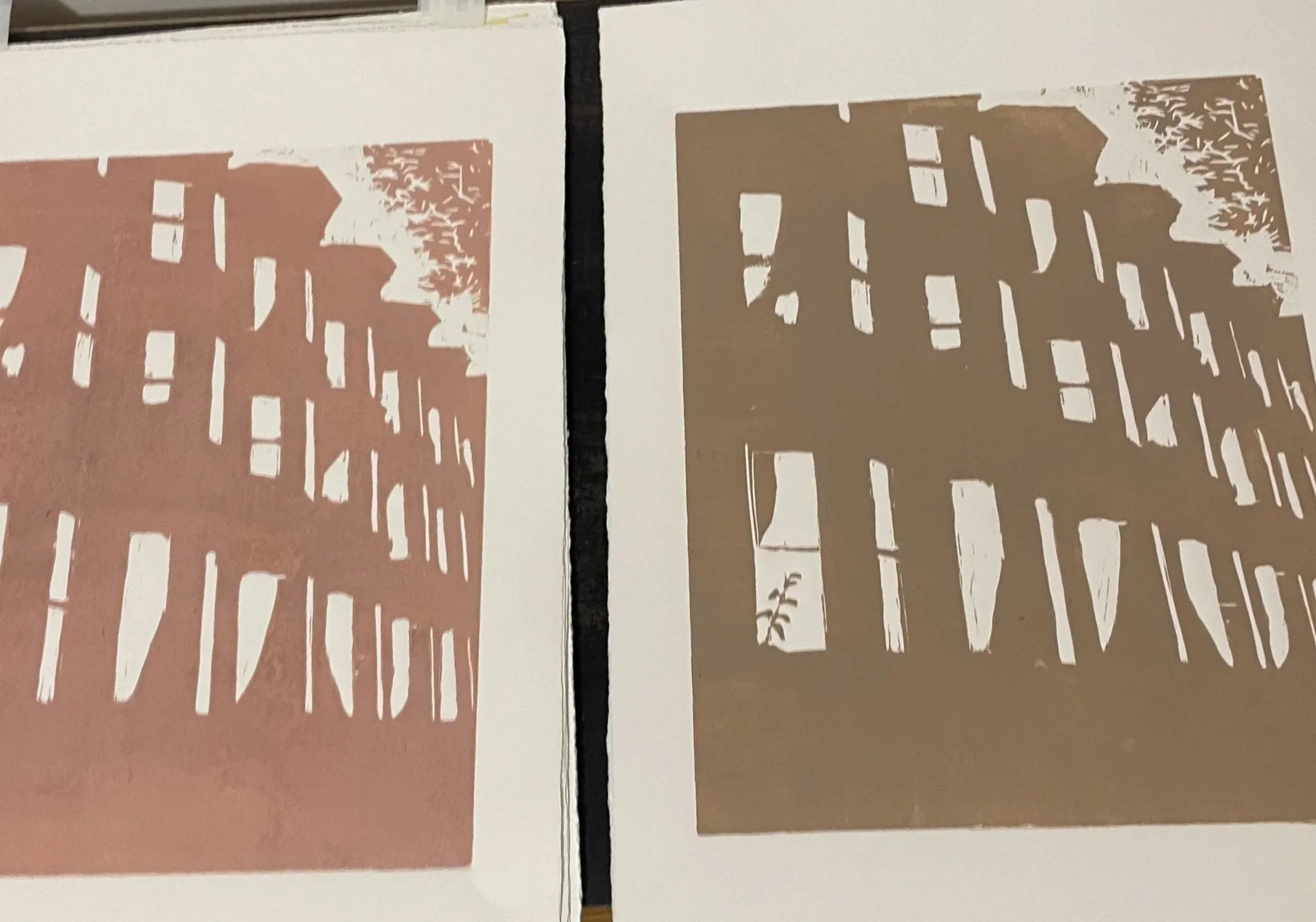 The first and lightest layer printed in Benjamin Lindsay's three color print "Brownstones: